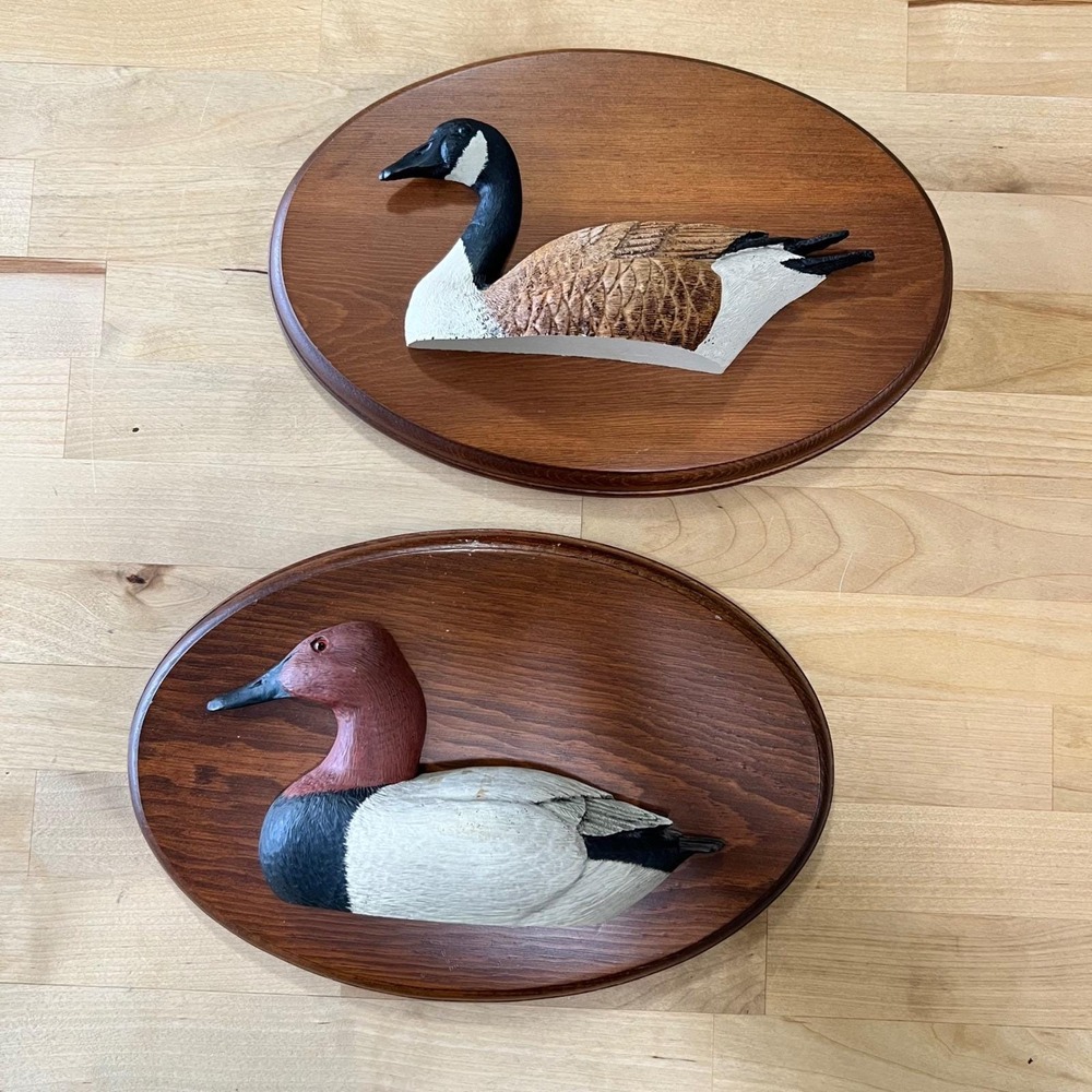 Vintage Duck Goose Wall Plaque Set Wood Mounted Waterfowl Cabin Decor Pair